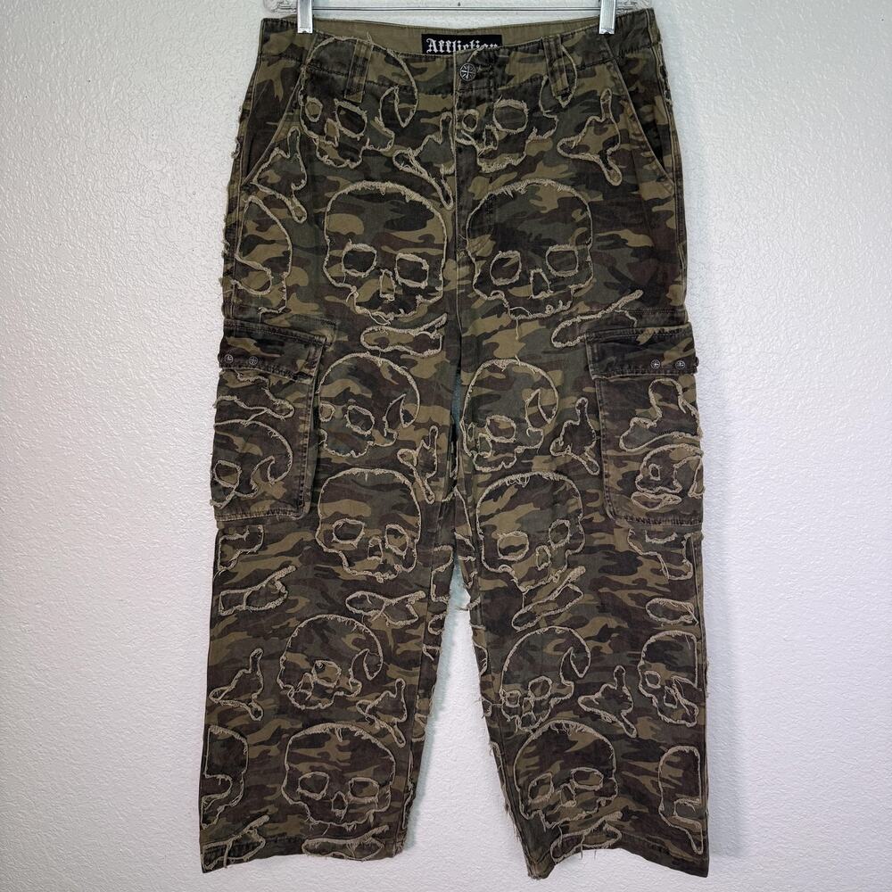 Affliction Jeans Mens 32 Camo Skull Denim Cargo Distressed Wide Leg Baggy Goth